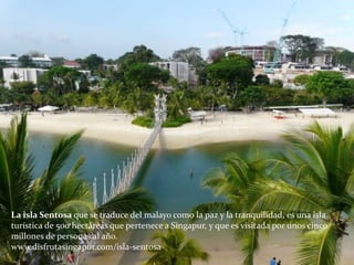 La isla Sentosa que se traduce del malayo como la paz y la tranquilidad, es una isla
turística de 500 hectáreas que pertenece a Singapur, y que es visitada por unos cinco
millones de personas al año.
www.disfrutasingapur.com/isla-sentosa
 