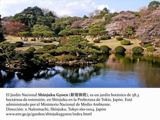 El Jardín Nacional Shinjuku Gyoen (新宿御苑), es un jardín botánico de 58,3
hectáreas de extensión, en Shinjuku en la Prefectura de Tokio, Japón. Está
administrado por el Ministerio Nacional de Medio Ambiente.
Dirección: 11 Naitomachi, Shinjuku, Tokyo 160-0014, Japón
www.env.go.jp/garden/shinjukugyoen/index.html
 
