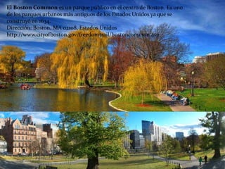 El Boston Common es un parque público en el centro de Boston. Es uno
de los parques urbanos más antiguos de los Estados Unidos ya que se
construyó en 1634.
Dirección: Boston, MA 02108, Estados Unidos
http://www.cityofboston.gov/freedomtrail/bostoncommon.asp
 