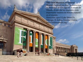 The Field Museum of Natural
History fundado en 1893. Se encuentra
en la ciudad de Chicago en el estado de
Illinois. Es uno de los mayores y más
importante museos de historia natural
en el mundo.
Dirección: 1400 S Lake Shore Dr,
Chicago, IL 60605, Estados Unidos
www.fieldmuseum.org/
 