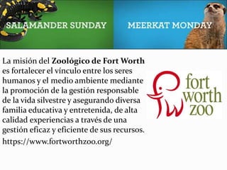 La misión del Zoológico de Fort Worth
es fortalecer el vínculo entre los seres
humanos y el medio ambiente mediante
la promoción de la gestión responsable
de la vida silvestre y asegurando diversa
familia educativa y entretenida, de alta
calidad experiencias a través de una
gestión eficaz y eficiente de sus recursos.
https://www.fortworthzoo.org/
 