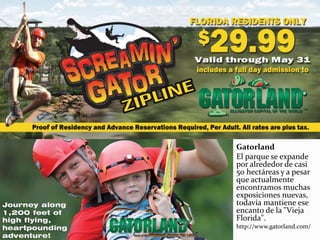 Gatorland
El parque se expande
por alrededor de casi
50 hectáreas y a pesar
que actualmente
encontramos muchas
exposiciones nuevas,
todavía mantiene ese
encanto de la "Vieja
Florida".
http://www.gatorland.com/
 