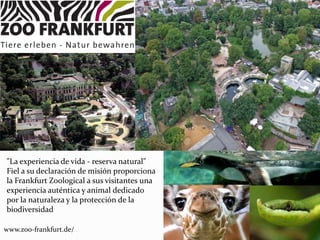 www.zoo-frankfurt.de/
"La experiencia de vida - reserva natural"
Fiel a su declaración de misión proporciona
la Frankfurt Zoological a sus visitantes una
experiencia auténtica y animal dedicado
por la naturaleza y la protección de la
biodiversidad
 