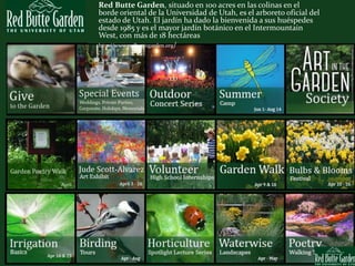 Red Butte Garden, situado en 100 acres en las colinas en el
borde oriental de la Universidad de Utah, es el arboreto oficial del
estado de Utah. El jardín ha dado la bienvenida a sus huéspedes
desde 1985 y es el mayor jardín botánico en el Intermountain
West, con más de 18 hectáreas
http://www.redbuttegarden.org/
 