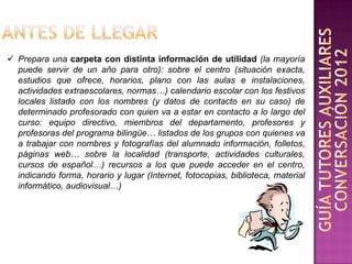  Prepara una carpeta con distinta información de utilidad (la mayoría
  puede servir de un año para otro): sobre el centro (situación exacta,
  estudios que ofrece, horarios, plano con las aulas e instalaciones,
  actividades extraescolares, normas…) calendario escolar con los festivos
  locales listado con los nombres (y datos de contacto en su caso) de
  determinado profesorado con quien va a estar en contacto a lo largo del
  curso: equipo directivo, miembros del departamento, profesores y
  profesoras del programa bilingüe… listados de los grupos con quienes va
  a trabajar con nombres y fotografías del alumnado información, folletos,
  páginas web… sobre la localidad (transporte, actividades culturales,
  cursos de español…) recursos a los que puede acceder en el centro,
  indicando forma, horario y lugar (Internet, fotocopias, biblioteca, material
  informático, audiovisual…)
 