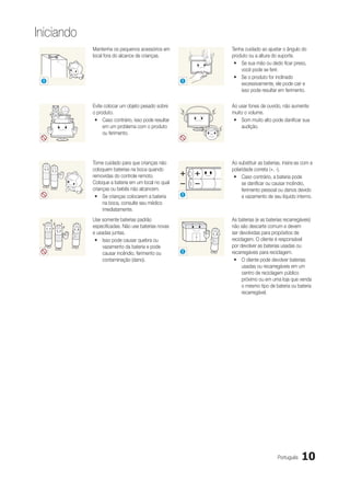 Iniciando
            Mantenha os pequenos acessórios em           Tenha cuidado ao ajustar o ângulo do
            local fora do alcance de crianças.           produto ou a altura do suporte.
                                                          yy Se sua mão ou dedo ficar preso,
                                                             você pode se ferir.
                                                          yy Se o produto for inclinado
 !                                                   !
                                                             excessivamente, ele pode cair e
                                                             isso pode resultar em ferimento.

            Evite colocar um objeto pesado sobre         Ao usar fones de ouvido, não aumente
            o produto.                                   muito o volume.
             yy Caso contrário, isso pode resultar        yy Som muito alto pode danificar sua
                 em um problema com o produto                audição.
                 ou ferimento.




            Tome cuidado para que crianças não           Ao substituir as baterias, insira-as com a
            coloquem baterias na boca quando             polaridade correta (+, -).
            removidas do controle remoto.                 yy Caso contrário, a bateria pode
            Coloque a bateria em um local no qual             se danificar ou causar incêndio,
            crianças ou bebês não alcancem.                   ferimento pessoal ou danos devido
             yy Se crianças colocarem a bateria      !        a vazamento de seu líquido interno.
                 na boca, consulte seu médico
                 imediatamente.
            Use somente baterias padrão                  As baterias (e as baterias recarregáveis)
            especificadas. Não use baterias novas        não são descarte comum e devem
            e usadas juntas.                             ser devolvidas para propósitos de
             yy Isso pode causar quebra ou               reciclagem. O cliente é responsável
                 vazamento da bateria e pode             por devolver as baterias usadas ou
                 causar incêndio, ferimento ou       !   recarregáveis para reciclagem.
                 contaminação (dano).                     yy O cliente pode devolver baterias
                                                              usadas ou recarregáveis em um
                                                              centro de reciclagem público
                                                              próximo ou em uma loja que venda
                                                              o mesmo tipo de bateria ou bateria
                                                              recarregável.




                                                                                Português    10
 