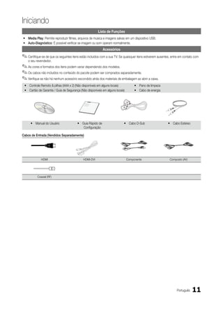 Iniciando
                                                        Lista de Funções
y Media Play: Permite reproduzir filmes, arquivos de música e imagens salvas em um dispositivo USB.
y Auto-diagnóstico: É possível verificar se imagem ou som operam normalmente.
                                                            Acessórios
✎ Certifique-se de que os seguintes itens estão incluídos com a sua TV. Se quaisquer itens estiverem ausentes, entre em contato com
    o seu revendedor.
✎ As cores e formatos dos itens podem variar dependendo dos modelos.
✎ Os cabos não incluídos no conteúdo do pacote podem ser comprados separadamente.
✎ Verifique se não há nenhum acessório escondido atrás dos materiais de embalagem ao abrir a caixa.
 y Controle Remoto & pilhas (AAA x 2) (Não disponíveis em alguns locais)            y Pano de limpeza
 y Cartão de Garantia / Guia de Segurança (Não disponíveis em alguns locais)        y Cabo de energia




      y Manual do Usuário                y Guia Rápido de                  y Cabo D-Sub                     y Cabo Estéreo
                                            Configuração

Cabos de Entrada (Vendidos Separadamente)




              HDMI                           HDMI-DVI                          Componente                    Composto (AV)




           Coaxial (RF)




                                                                                                                  Português   11
 