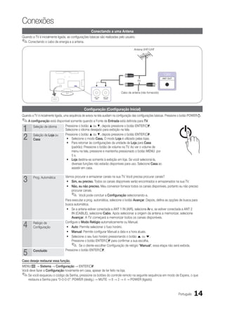 Conexões
                                                       Conectando a uma Antena
Quando a TV é inicialmente ligada, as configurações básicas são realizadas pelo usuário.
✎✎  Conectando o cabo de energia e a antena.

                                                                                          Antena VHF/UHF




                                                                                                                 Cabo
                                                                                                                ANT OUT
                                                                                            ou



                                                                               Cabo de antena (não fornecido)




                                                 Configuração (Configuração Inicial)
Quando a TV é inicialmente ligada, uma sequência de avisos na tela auxiliam na configuração das configurações básicas. Pressione o botão POWERP.
✎✎A configuração está disponível somente quando a Fonte de Entrada está definida para TV.
1
                                                                                                                            P
        Seleção de idioma         Pressione o botão ▲ ou ▼, depois pressione o botão ENTERE.
                                  Selecione o idioma desejado para exibição na tela.                                                               INFO
2       Seleção de Loja ou
        Casa
                                  Pressione o botão ▲ ou ▼, depois pressione o botão ENTERE.
                                   yy Selecione o modo Casa. O modo Loja é utilizado pelas lojas.
                                   yy Para retornar às configurações da unidade de Loja para Casa
                                      (padrão): Pressione o botão de volume na TV. Ao ver o volume de
                                      menu na tela, pressione e mantenha pressionado o botão MENU por
                                      5 s.
                                   yy Loja destina-se somente à exibição em loja. Se você selecioná-la,
                                      diversas funções não estarão disponíveis para uso. Selecione Casa ao
                                      assistir em casa.


3       Prog. Automática          Vamos procurar e armazenar canais na sua TV. Você precisa procurar canais?
                                   yy Sim, eu preciso. Todos os canais disponíveis serão encontrados e armazenados na sua TV.
                                   yy Não, eu não preciso. Meu conversor fornece todos os canais disponíveis, portanto eu não preciso
                                      procurar canais.
                                       ✎✎   Você pode concluir a Configuração selecionando-a.
                                  Para executar a prog. automática, selecione o botão Avançar. Depois, defina as opções de busca para
                                  busca automática.
                                   yy Se a antena estiver conectada a ANT 1 IN (AIR), selecione Ar e, se estiver conectada a ANT 2
                                      IN (CABLE), selecione Cabo. Após selecionar a origem da antena a memorizar, selecione
                                      Avançar. A TV começará a memorizar todos os canais disponíveis.

4       Relógio de
        Configuração
                                  Configure o Modo Relógio automaticamente ou Manual.
                                   yy Auto: Permite selecionar o fuso horário.
                                   yy Manual: Permite configurar Manual a data e a hora atuais.
                                   yy Selecione o seu fuso horário pressionando o botão u ou d.
                                      Pressione o botão ENTERE para confirmar a sua escolha.
                                       ✎✎   Se o cliente escolher Configuração de relógio "Manual", essa etapa não será exibida.

5       Concluído                 Pressione o botão ENTERE.


Caso deseje restaurar essa função.
MENUm → Sistema → Configuração → ENTERE
Você deve fazer a Configuração novamente em casa, apesar de ter feito na loja.
✎✎  Se você esqueceu o código da Senha, pressione os botões do controle remoto na seguinte sequência em modo de Espera, o que
    restaura a Senha para “0-0-0-0”: POWER (deslig.) → MUTE → 8 → 2 → 4 → POWER (ligado).



                                                                                                                             Português    14
 