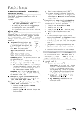 Funções Básicas
Luz de Fundo / Contraste / Brilho / Nitidez /                          4.	 Quando concluído, pressione o botão ENTERE.
Cor / Matiz (Vd / Vm)                                                  ✎✎ Se desejar restaurar as imagens para suas posições
                                                                             originais, selecione Restaurar na tela Posição e, então,
A sua televisão tem diversas configurações para controle de                  pressione ENTERE. A imagem será restaurada para
qualidade da imagem.                                                         sua posição padrão.
✎✎NOTA                                                             ✎✎Para usar a função Posição após selecionar Ajuste à Tela
    xx Ao conectar um PC, é possível fazer mudanças apenas na          quando conectado a uma fonte HDMI (1080i/1080p) ou de
       Luz de Fundo, Contraste, Brilho e Nitidez.                      Componente (1080i/1080p), siga essas etapas:
    xx As configurações podem ser ajustadas e armazenadas              1.	 Pressione o botão d para selecionar Posição.
       para cada dispositivo externo conectado à TV.                   2.	 Pressione o botão ENTERE.
   xx Diminuir o brilho da imagem reduz o consumo de energia.          3.	 Pressione o botão u, d, l ou r para mover a figura.
Ajuste da Tela                                                         4.	 Quando concluído, pressione o botão ENTERE.
O Ajuste da Tela fornece diversas opções de taxa de definição e        ✎✎ NOTA
tamanho. Selecione uma opção usando as teclas de setas para            xx Se desejar restaurar as imagens para suas posições
cima e para baixo e, então, pressione ENTERE. Use as teclas de            originais, selecione Restaurar na tela Posição . A imagem
setas para selecionar uma opção no submenu e, então, pressione            será configurada para sua posição padrão.
ENTERE.
                                                                       xx HD (Alta Definição): 16:9 - 1080i / 1080p (1920x1080), 720p
■■ Tam. Imagem: Seu decodificador de TV a                                 (1280x720)
   cabo / receptor de satélite também pode ter
   a própria configuração de tamanhos de tela.
                                                                       xx É possível ajustar e armazenar configurações para cada
                                                                          dispositivo externo que você conectou a uma entrada na
   Porém, rcomendamos fortemente usar o                                   TV.
   modo 16:9 na maior parte do tempo.
    16:9: Configura a imagem para modo amplo
                                                                       xx Tamanhos de Imagem disponíveis por Fonte de Entrada:
    16:9.                                                                   Fonte de Entrada                   Tam. Imagem
    Zoom1: Use para ampliação moderada.                              ATV, AV, Componente (480i, 480p)     16:9, Zoom1, Zoom2, 4:3
    Zoom2: Use para uma ampliação mais forte.
                                                                     DTV(1080i), Componente (1080i,       16:9, Ajuste Amplo, 4:3,
    Ajuste Amplo: Aumenta a taxa de definição da imagem para        1080p), HDMI (720p, 1080i, 1080p)           Ajuste à Tela
    que se ajuste à tela inteira.
    ✎✎    Disponível com sinais HD 1080i / 720p em modo 16:9.      ■■ Ajuste da Tela do PC
    4:3: Configura a imagem para modo básico (4:3).                    ✎✎ Disponível somente em modo PC.
    ✎✎    Não assista em formato 4:3 por um período prolongado.              xx Grosso / Ajuste Fino: Remove ou reduz o ruído da
          Traços de bordas exibidos à esquerda, direita e centro               imagem. Se o ruído não for removido apenas com
          da tela podem causar retenção de imagem (marcas na                   a sintonia fina, então ajuste a frequência o melhor
          tela), o que não é abrangido pela garantia.                          possível (Grosso) e faça a sintonia fina novamente.
    Ajuste à Tela: Exibe a imagem completa sem nenhum corte                    Após a redução do ruído, reajuste a imagem para
    quando os sinais de entrada são HDMI (720p / 1080i / 1080p)                que ela fique alinhada com o centro da tela.
    ou Componente (1080i / 1080p).                                           xx Posição: Ajuste a posição da tela do PC com o
■■ Posição: Ajusta a posição da imagem. Posição somente                        botão de direção (u / d / l / r).
   estará disponível se Tam. imagem estiver configurado para                 xx Rest. Imagem: Restaura a imagem para suas
   Zoom1, Zoom2, Ajuste Amplo, ou Ajuste à Tela.                               configurações padrão.
✎✎Para usar a função Posição após selecionar Zoom1, Zoom2
    ou Ajuste Amplo, siga essas etapas:
    1.	 Pressione o botão d para selecionar Posição.
    2.	 Pressione o botão ENTERE.
    3.	 Pressione o botão u ou d para mover a imagem para
        cima ou para baixo.




                                                                                                                   Português   23
 
