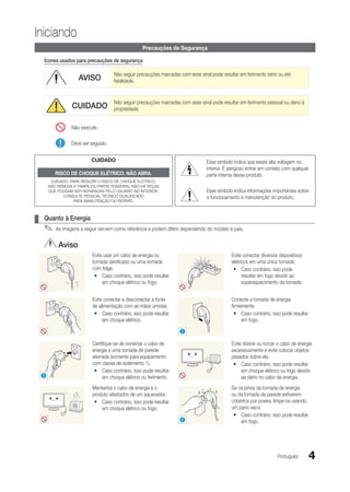 Iniciando
                                                   Precauções de Segurança

      Ícones usados para precauções de segurança

                                      Não seguir precauções marcadas com esse sinal pode resultar em ferimento sério ou até
                     Aviso            fatalidade.


                                      Não seguir precauções marcadas com esse sinal pode resultar em ferimento pessoal ou dano à
                  Cuidado             propriedade.


                  Não execute.

                  Deve ser seguido.


                           CUIDADO                                                Esse símbolo indica que existe alta voltagem no
                                                                                  interior. É perigoso entrar em contato com qualquer
          RISCO DE CHOQUE ELÉTRICO. NÃO ABRA.                                     parte interna desse produto.
        CUIDADO: PARA REDUZIR O RISCO DE CHOQUE ELÉTRICO,
       NÃO REMOVA A TAMPA (OU PARTE TRASEIRA). NÃO HÁ PEÇAS
       QUE POSSAM SER REPARADAS PELO USUÁRIO NO INTERIOR.                         Esse símbolo indica informações importantes sobre
             CONSULTE PESSOAL TÉCNICO QUALIFICADO                                 o funcionamento e manutenção do produto.
                  PARA MANUTENÇÃO OU REPARO.



¦¦ Quanto à Energia
      ✎✎ As imagens a seguir servem como referência e podem diferir dependendo do modelo e país.
            Aviso
                           Evite usar um cabo de energia ou                                   Evite conectar diversos dispositivos
                           tomada danificado ou uma tomada                                    elétricos em uma única tomada.
                           com folga.                                                          yy Caso contrário, isso pode
                            yy Caso contrário, isso pode resultar                                   resultar em fogo devido ao
                                em choque elétrico ou fogo.                                         superaquecimento da tomada.


                           Evite conectar e desconectar a fonte                               Conecte a tomada de energia
                           de alimentação com as mãos úmidas.                                 firmemente.
                            yy Caso contrário, isso pode resultar                               yy Caso contrário, isso pode resultar
                                em choque elétrico.                                                em fogo.

                                                                      !

                           Certifique-se de conectar o cabo de                                Evite dobrar ou torcer o cabo de energia
                           energia a uma tomada de parede                                     excessivamente e evite colocar objetos
                           aterrada (somente para equipamento                                 pesados sobre ele.
                           com classe de isolamento 1).                                        yy Caso contrário, isso pode resultar
                            yy Caso contrário, isso pode resultar                                  em choque elétrico ou fogo devido
  !                             em choque elétrico ou ferimento.                                   ao dano no cabo de energia.
                           Mantenha o cabo de energia e o                                     Se os pinos da tomada de energia
                           produto afastados de um aquecedor.                                 ou da tomada da parede estiverem
                            yy Caso contrário, isso pode resultar                             cobertos por poeira, limpe-os usando
                               em choque elétrico ou fogo.                                    um pano seco.
                                                                                               yy Caso contrário, isso pode resultar
                                                                      !                           em fogo.




                                                                                                                     Português          4
 