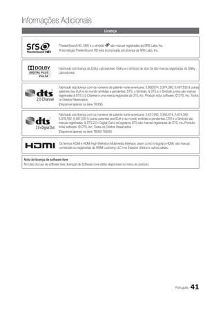 Informações Adicionais
                                                              Licença


                           TheaterSound HD, SRS e o símbolo      são marcas registradas da SRS Labs, Inc.
                           A tecnologia TheaterSound HD está incorporada sob licença da SRS Labs, Inc.




                           Fabricado sob licença da Dolby Laboratories. Dolby e o símbolo de dois Ds são marcas registradas da Dolby
                           Laboratories.



                           Fabricado sob licença com os números de patente norte-americana: 5,956,674; 5,974,380; 6,487,535 & outras
                           patentes dos EUA e do mundo emitidas e pendentes. DTS, o Símbolo, & DTS e o Símbolo juntos são marcas
                           registradas & DTS 2.0 Channel é uma marca registrada da DTS, Inc. Produto inclui software. © DTS, Inc. Todos
         2.0 Channel       os Direitos Reservados.
                           (Disponível apenas na série TB300)

                           Fabricado sob licença com os números de patente norte-americana: 5,451,942; 5,956,674; 5,974,380;
                           5,978,762; 6,487,535 & outras patentes dos EUA e do mundo emitidas e pendentes. DTS e o Símbolo são
                           marcas registradas. & DTS 2.0+ Digital Out e os logotipos DTS são marcas registradas da DTS, Inc. Produto
                           Inclui software. © DTS, Inc. Todos os Direitos Reservados.
                           (Disponível apenas na série TB350 TB530)


                           Os termos HDMI e HDMI High-Definition Multimedia Interface, assim como o logotipo HDMI, são marcas
                           comerciais ou registradas da HDMI Licensing LLC nos Estados Unidos e outros países.


Nota de licença de software livre
No caso do uso de software livre, licenças de Software Livre estão disponíveis no menu do produto.




                                                                                                                     Português   41
 