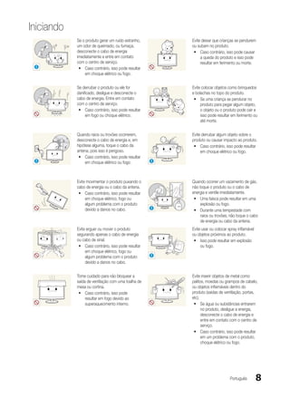 Iniciando
            Se o produto gerar um ruído estranho,                    Evite deixar que crianças se pendurem
            um odor de queimado, ou fumaça,                          ou subam no produto.
            desconecte o cabo de energia                              yy Caso contrário, isso pode causar
            imediatamente e entre em contato                              a queda do produto e isso pode
            com o centro de serviço.                                      resultar em ferimento ou morte.
 !           yy Caso contrário, isso pode resultar
                em choque elétrico ou fogo.


            Se derrubar o produto ou ele for                         Evite colocar objetos como brinquedos
            danificado, desligue e desconecte o                      e bolachas no topo do produto.
            cabo de energia. Entre em contato                         yy Se uma criança se pendurar no
            com o centro de serviço.                                      produto para pegar algum objeto,
             yy Caso contrário, isso pode resultar                        o objeto ou o produto pode cair e
                 em fogo ou choque elétrico.                              isso pode resultar em ferimento ou
                                                                          até morte.


            Quando raios ou trovões ocorrerem,                       Evite derrubar algum objeto sobre o
            desconecte o cabo de energia e, em                       produto ou causar impacto ao produto.
            hipótese alguma, toque o cabo da                          yy Caso contrário, isso pode resultar
            antena, pois isso é perigoso.                                 em choque elétrico ou fogo.
             yy Caso contrário, isso pode resultar
 !               em choque elétrico ou fogo.         !




            Evite movimentar o produto puxando o                     Quando ocorrer um vazamento de gás,
            cabo de energia ou o cabo da antena.                     não toque o produto ou o cabo de
             yy Caso contrário, isso pode resultar                   energia e ventile imediatamente.
                 em choque elétrico, fogo ou                          yy Uma faísca pode resultar em uma
                 algum problema com o produto                  GAS
                                                                          explosão ou fogo.
                 devido a danos no cabo.             !
                                                                      yy Durante uma tempestade com
                                                                          raios ou trovões, não toque o cabo
                                                                          de energia ou cabo da antena.
            Evite erguer ou mover o produto                          Evite usar ou colocar spray inflamável
            segurando apenas o cabo de energia                       ou objetos próximos ao produto.
            ou cabo de sinal.                                         yy Isso pode resultar em explosão
             yy Caso contrário, isso pode resultar                        ou fogo.
                 em choque elétrico, fogo ou
                 algum problema com o produto        !
                 devido a danos no cabo.


            Tome cuidado para não bloquear a                         Evite inserir objetos de metal como
            saída de ventilação com uma toalha de        100
                                                                     palitos, moedas ou grampos de cabelo,
            mesa ou cortina.                                         ou objetos inflamáveis dentro do
             yy Caso contrário, isso pode                            produto (saídas de ventilação, portas,
                 resultar em fogo devido ao                          etc).
                 superaquecimento interno.                            yy Se água ou substâncias entrarem
                                                                           no produto, desligue a energia,
                                                                           desconecte o cabo de energia e
                                                                           entre em contato com o centro de
                                                                           serviço.
                                                                      yy Caso contrário, isso pode resultar
                                                                           em um problema com o produto,
                                                                           choque elétrico ou fogo.




                                                                                            Português         8
 