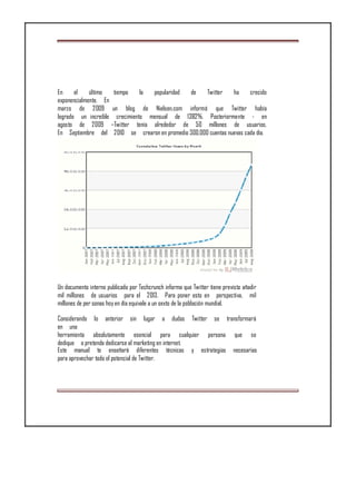 En el último tiempo la popularidad de Twitter ha crecido
exponencialmente. En
marzo de 2009 un blog de Nielsen.com informó que Twitter había
logrado un increíble crecimiento mensual de 1382%. Posteriormente - en
agosto de 2009 –Twitter tenía alrededor de 50 millones de usuarios.
En Septiembre del 2010 se crearon en promedio 300.000 cuentas nuevas cada día.
Un documento interno publicado por Techcrunch informa que Twitter tiene previsto añadir
mil millones de usuarios para el 2013. Para poner esto en perspectiva, mil
millones de per sonas hoy en día equivale a un sexto de la población mundial.
Considerando lo anterior sin lugar a dudas Twitter se transformará
en una
herramienta absolutamente esencial para cualquier persona que se
dedique o pretenda dedicarse al marketing en internet.
Este manual te enseñará diferentes técnicas y estrategias necesarias
para aprovechar todo el potencial de Twitter.
 