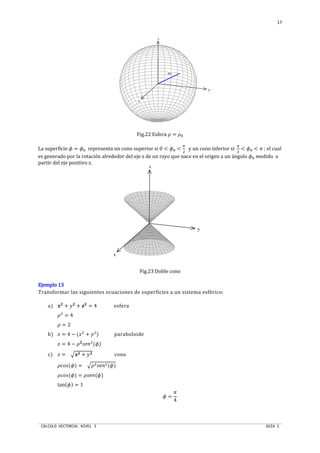 CALCULO VECTORIAL NIVEL 3 GUIA 1
17
Fig.22 Esfera ‰ = ‰p
La superficie • = •p representa un cono superior si 0 < •p <
•
T
y un cono inferior si
•
T
< •p < • ; el cual
es generado por la rotación alrededor del eje z de un rayo que nace en el origen a un ángulo •p medido a
partir del eje positivo z.
Fig.23 Doble cono
Ejemplo 13Ejemplo 13Ejemplo 13Ejemplo 13
Transformar las siguientes ecuaciones de superficies a un sistema esférico:
a) x`
+ U`
+ b`
= 4 esfera
‰T
= 4
‰ = 2
b)  = 4 − (ST
+ UT
) paraboloide
 = 4 − ‰`
Š‹ŒT
(•)
c)  = †x` + U` cono
‰qŽŠ(•) = †‰TŠ‹ŒT(•)
‰qŽŠ(•) = ‰Š‹Œ(•)
tan(•) = 1
• =
•
4
y
x
z
ro
y
x
z
 