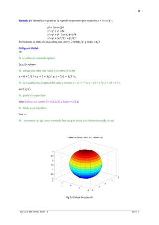 CALCULO VECTORIAL NIVEL 3 GUIA 1
18
Ejemplo 14Ejemplo 14Ejemplo 14Ejemplo 14 Identificar y graficar la superficie que tiene por ecuación ρ = 3cos(ϕ) ....
ρ2 = 3ρcos(ϕ)
x2 +y2 +z2 =3z
x2 +y2 +z2 - 3z+9/4=9/4
x2 +y2 +(z-3/2)2 =(3/2)2
Por lo tanto se trata de una esfera con centro C=(0,0,3/2) y radio =3/2
Código en MatlabCódigo en MatlabCódigo en MatlabCódigo en Matlab
clc
% se utiliza el comando sphere
[x,y,z]=sphere;
% dibuja una esfera de radio 1 y centro (0; 0; 0).
x = 0 + 3/2 * x; y = 0 + 3/2 * y; z = 3/2 + 3/2 * z;
% se establece las longitud del radio y centro, x = x0 + r * x; y = y0 + r *y; z = z0 + r * z;
surf(x,y,z)
% grafica la superficie
title('Esfera con Centro C=(0,0,3/2) y Radio =3/2');
% título para el gráfico
box on
% activamos la caja con el comando box on q se ajusta a las dimensiones de la caja
Fig.24 Esfera desplazada
-2
-1
0
1
2
-2
-1
0
1
2
0
0.5
1
1.5
2
2.5
3
Esfera con Centro C=(0,0,3/2) y Radio =3/2
 