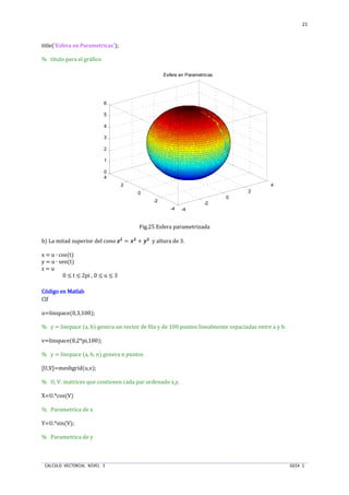 CALCULO VECTORIAL NIVEL 3 GUIA 1
21
title('Esfera en Parametricas');
% título para el gráfico
Fig.25 Esfera parametrizada
b) La mitad superior del cono b`
= x`
+ _`
y altura de 3.
x = u ∙ cos(t)
y = u ∙ sen(t)
z = u
0 ≤ t ≤ 2pi , 0 ≤ u ≤ 3
Código en MatlabCódigo en MatlabCódigo en MatlabCódigo en Matlab
Clf
u=linspace(0,3,100);
% y = linspace (a, b) genera un vector de fila y de 100 puntos linealmente espaciadas entre a y b.
v=linspace(0,2*pi,100);
% y = linspace (a, b, n) genera n puntos
[U,V]=meshgrid(u,v);
% U, V: matrices que contienen cada par ordenado x,y.
X=U.*cos(V)
% Parametrica de x
Y=U.*sin(V);
% Parametrica de y
-4
-2
0
2
4
-4
-2
0
2
4
0
1
2
3
4
5
6
Esfera en Parametricas
 