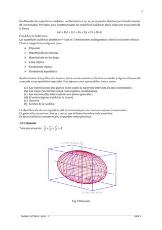 CALCULO VECTORIAL NIVEL 3 GUIA 1
6
Son llamadas las superficies cuádricas. Los términos en xy, xz, yz se pueden eliminar por transformación
de coordenadas. Por tanto, para nuestro estudio, las superficies cuádricas están dadas por ecuaciones de
la forma
Ax2 + By2 + Cz2 + Dx + Ey + Fz + H=0
Con A,B,C, no todas cero.
Las superficies cuádricas pueden ser vistas en 3 dimensiones análogamente como las secciones cónicas.
Ellas se categorizan en algunos tipos :
Elipsoide
Hiperboloide de una hoja
Hiperboloide de dos hojas
Cono elíptico
Paraboloide elíptico
Paraboloide hiperbólico
Aquí se mostrará la gráfica de cada una, junto con su ecuación en la forma estándar y alguna información
acerca de sus propiedades especiales. Hay algunas cosas que se deben buscar como:
(a) Las intersecciones (los puntos en los cuales la superficie intersecta los ejes coordenados)
(b) Las trazas (las intersecciones con los planos coordenados)
(c) Las secciones(las intersecciones con planos generales)
(d) El centro(algunas cuádricas lo tienen)
(e) Simetría
(f) Limites de la cuádrica
La identificación de una superficie está determinada por sus trazas o secciones transversales
En general las trazas son cónicas o rectas, que definen el nombre de la superficie.
En esta sección las constantes a,b,c se pueden tomar positivas.
1.2.11.2.11.2.11.2.1 ElipsoideElipsoideElipsoideElipsoide
Tiene por ecuación
fg
hg +
ig
jg +
kg
lg = 1
Fig. 5 Elipsoide
x
y
z
(2.00,4.00,-2.00)
(-2.00,-4.00,2.00)
 