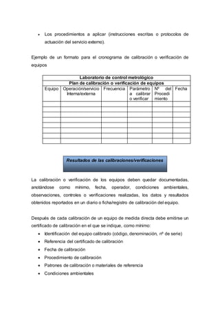  Los procedimientos a aplicar (instrucciones escritas o protocolos de
actuación del servicio externo).
Ejemplo de un formato para el cronograma de calibración o verificación de
equipos
Laboratorio de control metrológico
Plan de calibración o verificación de equipos
Equipo Operación/servicio
Interna/externa
Frecuencia Parámetro
a calibrar
o verificar
Nº del
Procedi
miento
Fecha
La calibración o verificación de los equipos deben quedar documentadas,
anotándose como mínimo, fecha, operador, condiciones ambientales,
observaciones, controles o verificaciones realizadas, los datos y resultados
obtenidos reportados en un diario o ficha/registro de calibración del equipo.
Después de cada calibración de un equipo de medida directa debe emitirse un
certificado de calibración en el que se indique, como mínimo:
 Identificación del equipo calibrado (código, denominación, nº de serie)
 Referencia del certificado de calibración
 Fecha de calibración
 Procedimiento de calibración
 Patrones de calibración o materiales de referencia
 Condiciones ambientales
Resultados de las calibraciones/verificaciones
 