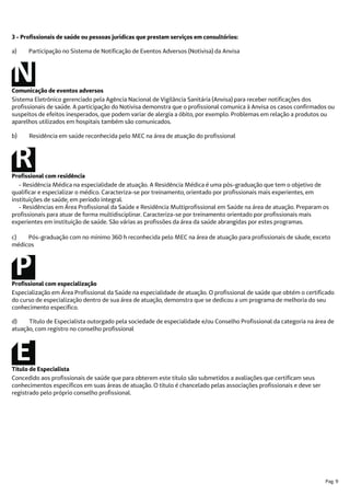 Pag. 9
Concedido aos profissionais de saúde que para obterem este título são submetidos a avaliações que certificam seus
conhecimentos específicos em suas áreas de atuação. O título é chancelado pelas associações profissionais e deve ser
registrado pelo próprio conselho profissional.
Título de Especialista
Profissional com residência
Profissional com especialização
- Residência Médica na especialidade de atuação. A Residência Médica é uma pós-graduação que tem o objetivo de
qualificar e especializar o médico. Caracteriza-se por treinamento, orientado por profissionais mais experientes, em
instituições de saúde, em período integral.
- Residências em Área Profissional da Saúde e Residência Multiprofissional em Saúde na área de atuação. Preparam os
profissionais para atuar de forma multidisciplinar. Caracteriza-se por treinamento orientado por profissionais mais
experientes em instituição de saúde. São várias as profissões da área da saúde abrangidas por estes programas.
Especialização em Área Profissional da Saúde na especialidade de atuação. O profissional de saúde que obtém o certificado
do curso de especialização dentro de sua área de atuação, demonstra que se dedicou a um programa de melhoria do seu
conhecimento específico.
3 - Profissionais de saúde ou pessoas jurídicas que prestam serviços em consultórios:
a) Participação no Sistema de Notificação de Eventos Adversos (Notivisa) da Anvisa
Comunicação de eventos adversos
Sistema Eletrônico gerenciado pela Agência Nacional de Vigilância Sanitária (Anvisa) para receber notificações dos
profissionais de saúde. A participação do Notivisa demonstra que o profissional comunica à Anvisa os casos confirmados ou
suspeitos de efeitos inesperados, que podem variar de alergia a óbito, por exemplo. Problemas em relação a produtos ou
aparelhos utilizados em hospitais também são comunicados.
b) Residência em saúde reconhecida pelo MEC na área de atuação do profissional
c) Pós-graduação com no mínimo 360 h reconhecida pelo MEC na área de atuação para profissionais de sáude, exceto
médicos
d) Título de Especialista outorgado pela sociedade de especialidade e/ou Conselho Profissional da categoria na área de
atuação, com registro no conselho profissional
 