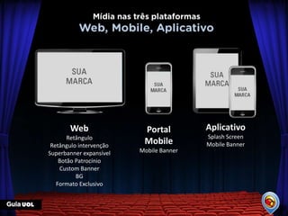 Web                Portal         Aplicativo
       Retângulo                         Splash Screen
 Retângulo intervenção
                          Mobile         Mobile Banner
Superbanner expansível   Mobile Banner
    Botão Patrocínio
    Custom Banner
          BG
   Formato Exclusivo
 