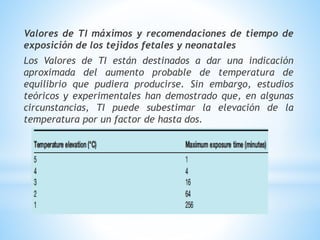 Valores de TI máximos y recomendaciones de tiempo de
exposición de los tejidos fetales y neonatales
Los Valores de TI están destinados a dar una indicación
aproximada del aumento probable de temperatura de
equilibrio que pudiera producirse. Sin embargo, estudios
teóricos y experimentales han demostrado que, en algunas
circunstancias, TI puede subestimar la elevación de la
temperatura por un factor de hasta dos.
 