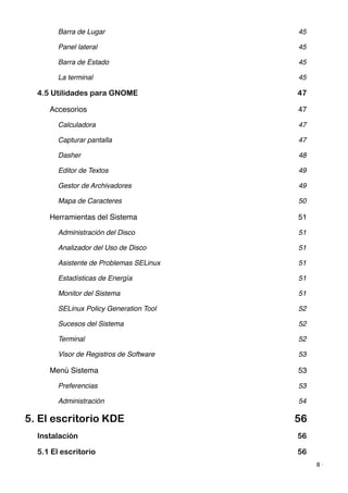 Barra de Lugar! 45
Panel lateral! 45
Barra de Estado! 45
La terminal! 45
4.5 Utilidades para GNOME 47
Accesorios! 47
Calculadora! 47
Capturar pantalla! 47
Dasher! 48
Editor de Textos! 49
Gestor de Archivadores! 49
Mapa de Caracteres! 50
Herramientas del Sistema! 51
Administración del Disco! 51
Analizador del Uso de Disco! 51
Asistente de Problemas SELinux! 51
Estadísticas de Energía! 51
Monitor del Sistema! 51
SELinux Policy Generation Tool! 52
Sucesos del Sistema! 52
Terminal! 52
Visor de Registros de Software! 53
Menú Sistema! 53
Preferencias! 53
Administración! 54
5. El escritorio KDE 56
Instalación 56
5.1 El escritorio 56
8 ·
 