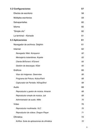 5.2 Configuraciones 57
Efectos de escritorio! 58
Múltiples escritorios! 59
Salvapantallas! 60
Idioma! 60
“Simple clic”! 60
La terminal – Konsole! 61
6.3 Aplicaciones 61
Navegador de archivos. Dolphin! 61
Internet! 62
Navegador Web. Konqueror! 62
Mensajería instantánea. Kopete! 63
Cliente BitTorrent. KTorrent! 65
Gestión de descargas. KGet! 65
Gráﬁcos! 66
Visor de imágenes. Gwenview! 66
Programa de Pintura. KolourPaint! 68
Capturador de Pantalla. KSnapShot! 68
Audio! 68
Reproductor y gestor de música. Amarok! 68
Reproductor simple de música. Juk! 69
Administrador de audio. KMix! 70
Vídeo! 70
Reproductor multimedia. VLC! 70
Reproductor de vídeos. Dragon Player! 71
Oﬁmática! 72
Kofﬁce. Suite de aplicaciones de oﬁmática! 72
9 ·
 