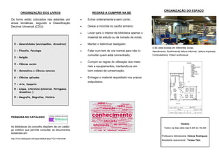 ORGANIZAÇÃO DOS LIVROS
Os livros estão colocados nas estantes por
áreas temáticas, segundo a Classificação
Decimal Universal (CDU):
PESQUISA NO CATÁLOGO
As bibliotecas do concelho dispõem de um catálo-
go coletivo que permite consultar os documentos
existentes em:
http://www.bibliopolis.info/opac/default.aspx?CLI=vilaVerde
REGRAS A CUMPRIR NA BE
 Entrar ordeiramente e sem correr;
 Deixar a mochila no cacifo/ armário;
 Levar para o interior da biblioteca apenas o
material de estudo ou de tomada de notas;
 Manter o telemóvel desligado;
 Falar num tom de voz normal para não in-
comodar quem está concentrado;
 Cumprir as regras de utilização dos mate-
riais e equipamentos, mantendo-os em
bom estado de conservação;
 Entregar o material requisitado nos prazos
estipulados.
Horário
Todos os dias úteis das 8.30h às 18.30h
Professora bibliotecária: Helena Rodrigues
Assistente operacional: Teresa Feio
0 - Generalidades (enciclopédias, dicionários)
1 - Filosofia, Psicologia
2 - Religião
3 - Ciências sociais
5 - Matemática e Ciências naturais
6 - Ciências aplicadas
7 - Arte, Desporto
8 - Língua, Literatura (Universal, Portuguesa,
Gramática…)
9 - Geografia, Biografias, História
ORGANIZAÇÃO DO ESPAÇO
A BE está dividida em diferentes zonas:
Atendimento; Acolhimento/ leitura informal; Leitura impressa;
Computadores; Vídeo/ audiovisual.
 