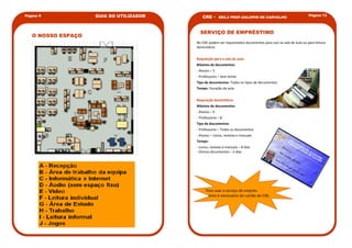 Página 4            GUIA DO UTILIZADOR                                                                         Página 13
                                             CRE    -   EB2,3 PROF.GALOPIM DE CARVALHO



                                           SERVIÇO DE EMPRÉSTIMO
   O NOSSO ESPAÇO
                                         No CRE podem ser requisitados documentos para uso na sala de aula ou para leitura
                                         domiciliária.


                                         Requisição para a sala de aula:
                                         Máximo de documentos:
                                         - Alunos – 3
                                         - Professores – Sem limite
                                         Tipo de documentos: Todos os tipos de documentos
                                         Tempo: Duração da aula


                                         Requisição domiciliária:
                                         Máximo de documentos:
                                         - Alunos – 4
                                         - Professores – 8
                                         Tipo de documentos:
                                         - Professores – Todos os documentos
                                         - Alunos – Livros, revistas e manuais
                                         Tempo:
                                         - Livros, revistas e manuais – 8 dias
                                         - Outros documentos – 2 dias




                                               Para usar o serviço de emprés-
                                                timo é necessário ter cartão do CRE.
 
