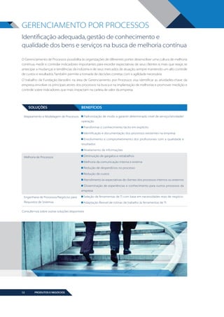 GERENCIAMENTO POR PROCESSOS
Identificação adequada, gestão de conhecimento e
qualidade dos bens e serviços na busca de melhoria contínua
O Gerenciamento de Processos possibilita às organizações de diferentes portes desenvolver uma cultura de melhoria
contínua, medir e controlar indicadores importantes para exceder expectativas de seus clientes e, mais que reagir, se
antecipar a mudanças e tendências da indústria e de seus mercados de atuação, sempre mantendo um alto controle
de custos e resultados. Também permite a tomada de decisões corretas com a agilidade necessária.
O trabalho da Fundação Vanzolini na área de Gerenciamento por Processos visa: identificar as atividades-chave da
empresa, en­ olver os principais atores dos processos na busca e na implantação de melhorias e promover medição e
v
con­ role sobre indicadores que mais impactam na cadeia de valor da empresa.
t

SOLUÇÕES
Mapeamento e Modelagem de Processos

BENEFÍCIOS
Padronização de modo a garantir determinado nível de serviço/atividade/
operação
Transformar o conhecimento tácito em explícito
Identificação e documentação dos processos existentes na empresa
Envolvimento e comprometimento dos profissionais com a qualidade e
resultados
Nivelamento de informações

Melhoria de Processos

Diminuição de gargalos e retrabalhos
Melhoria da comunicação interna e externa
Redução de desperdícios no processo
Redução de custos
Atendimento às expectativas de clientes dos processos internos ou externos
Disseminação de experiências e conhecimento para outros processos da
empresa

Engenharia de Processos/Negócios para

Seleção de ferramentas de TI com base em necessidades reais de negócio

Requisitos de Sistemas

Adaptação flexível de rotinas de trabalho às ferramentas de TI

Consulte-nos sobre outras soluções disponíveis

12

PRODUTOS E NEGÓCIOS

BOOK VANZOLINI OPCAO 10 FINAL.indd 12

11/14/13 12:57 PM

 