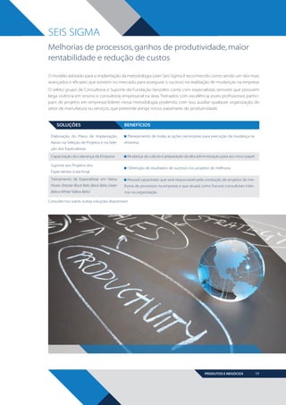 SEIS SIGMA
Melhorias de processos, ganhos de produtividade, maior
rentabilidade e redução de custos
O modelo adotado para a implantação da metodologia Lean Seis Sigma é reconhecido como sendo um dos mais
avançados e eficazes que existem no mercado, para assegurar o sucesso na realização de mudanças na empresa.
O seleto grupo de Consultoria e Suporte da Fundação Vanzolini conta com especialistas seniores que possuem
larga vivência em ensino e consultoria empresarial na área. Treinados com excelência, esses profissionais participam de projetos em empresas líderes nessa metodologia, podendo, com isso, auxiliar qualquer organização, do
setor de manufatura ou serviços, que pretende atingir novos patamares de produtividade.

SOLUÇÕES
Elaboração do Plano de Implantação,
Apoio na Seleção de Projetos e na Sele-

BENEFÍCIOS
Planejamento de todas as ações necessárias para execução da mudança na
empresa

ção dos Especialistas
Capacitação da Liderança da Empresa
Suporte aos Projetos dos		
Especialistas (coaching)

Mudança da cultura e preparação da alta administração para seu novo papel
Obtenção de resultados de sucesso nos projetos de melhoria

Treinamento de Especialistas em Vários

Pessoal capacitado que será responsável pela condução de projetos de me-

Níveis (Master Black Belts, Black Belts, Green

lhoria de processos na empresa e que atuará como futuros consultores inter-

Belts e White/ Yellow Belts)

nos na organização

Consulte-nos sobre outras soluções disponíveis

PRODUTOS E NEGÓCIOS

BOOK VANZOLINI OPCAO 10 FINAL.indd 17

17

11/14/13 12:57 PM

 