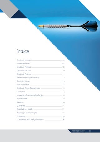 Índice
Gestão da Inovação	

06

Sustentabilidade	07
Gestão de Pessoas	

08

Gestão de Serviços	

10

Gestão de Projetos	

11

Gerenciamento por Processos	

12

Gestão Industrial	

13

Lean Production	

14

Gestão de Riscos Operacionais	

16

Seis Sigma	

17

Economia e Finanças da Produção	

18

Produtividade	19
Logística	20
Qualidade	21
Qualidade em Saúde	

22

Tecnologia da Informação	

23

Ergonomia	24
Outras Áreas da Fundação Vanzolini	

26

PRODUTOS E NEGÓCIOS

BOOK VANZOLINI OPCAO 10 FINAL.indd 5

05

11/14/13 12:57 PM

 