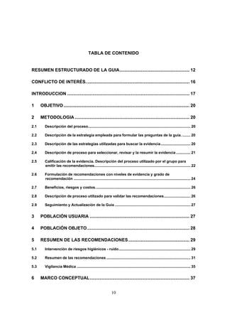 TABLA DE CONTENIDO


RESUMEN ESTRUCTURADO DE LA GUIA........................................................ 12

CONFLICTO DE INTERÉS. .................................................................................. 16

INTRODUCCION .................................................................................................. 17

1     OBJETIVO ..................................................................................................... 20

2     METODOLOGIA ............................................................................................ 20
2.1      Descripción del proceso.................................................................................................... 20

2.2      Descripción de la estrategia empleada para formular las preguntas de la guía. ........ 20

2.3      Descripción de las estrategias utilizadas para buscar la evidencia............................. 20

2.4      Descripción de proceso para seleccionar, revisar y la resumir la evidencia .............. 21

2.5      Calificación de la evidencia. Descripción del proceso utilizado por el grupo para
         emitir las recomendaciones.............................................................................................. 22

2.6      Formulación de recomendaciones con niveles de evidencia y grado de
         recomendación .................................................................................................................. 24

2.7      Beneficios, riesgos y costos............................................................................................. 26

2.8      Descripción de proceso utilizado para validar las recomendaciones.......................... 26

2.9      Seguimiento y Actualización de la Guía .......................................................................... 27


3     POBLACIÓN USUARIA ................................................................................ 27

4     POBLACIÓN OBJETO .................................................................................. 28

5     RESUMEN DE LAS RECOMENDACIONES ................................................. 29

5.1      Intervención de riesgos higiénicos - ruido...................................................................... 29

5.2      Resumen de las recomendaciones .................................................................................. 31

5.3      Vigilancia Médica ............................................................................................................... 35


6     MARCO CONCEPTUAL................................................................................ 37


                                                                   10
 