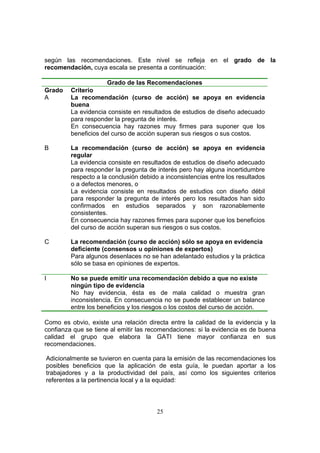 según las recomendaciones. Este nivel se refleja en el grado de la
recomendación, cuya escala se presenta a continuación:

                      Grado de las Recomendaciones
Grado    Criterio
A        La recomendación (curso de acción) se apoya en evidencia
         buena
         La evidencia consiste en resultados de estudios de diseño adecuado
         para responder la pregunta de interés.
         En consecuencia hay razones muy firmes para suponer que los
         beneficios del curso de acción superan sus riesgos o sus costos.

B        La recomendación (curso de acción) se apoya en evidencia
         regular
         La evidencia consiste en resultados de estudios de diseño adecuado
         para responder la pregunta de interés pero hay alguna incertidumbre
         respecto a la conclusión debido a inconsistencias entre los resultados
         o a defectos menores, o
         La evidencia consiste en resultados de estudios con diseño débil
         para responder la pregunta de interés pero los resultados han sido
         confirmados en estudios separados y son razonablemente
         consistentes.
         En consecuencia hay razones firmes para suponer que los beneficios
         del curso de acción superan sus riesgos o sus costos.

C        La recomendación (curso de acción) sólo se apoya en evidencia
         deficiente (consensos u opiniones de expertos)
         Para algunos desenlaces no se han adelantado estudios y la práctica
         sólo se basa en opiniones de expertos.

I        No se puede emitir una recomendación debido a que no existe
         ningún tipo de evidencia
         No hay evidencia, ésta es de mala calidad o muestra gran
         inconsistencia. En consecuencia no se puede establecer un balance
         entre los beneficios y los riesgos o los costos del curso de acción.

Como es obvio, existe una relación directa entre la calidad de la evidencia y la
confianza que se tiene al emitir las recomendaciones: si la evidencia es de buena
calidad el grupo que elabora la GATI tiene mayor confianza en sus
recomendaciones.

Adicionalmente se tuvieron en cuenta para la emisión de las recomendaciones los
posibles beneficios que la aplicación de esta guía, le puedan aportar a los
trabajadores y a la productividad del país, así como los siguientes criterios
referentes a la pertinencia local y a la equidad:




                                        25
 
