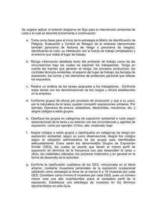 Se sugiere aplicar el anterior diagrama de flujo para la intervención ambiental de
ruido y el cual se describe brevemente a continuación:

   a. Tome como base para el inicio de la estrategia la Matriz de Identificación de
      Peligros, Evaluación y Control de Riesgos de la empresa (denominado
      también panorama de factores de riesgo o panorama de riesgos),
      identificando el ruido, su interacción con la fuerza de trabajo (empleados) y
      el entorno que rodea al lugar de trabajo.

   b. Recoja información detallada tanto del ambiente de trabajo como de las
      circunstancias bajo las cuales se exponen los trabajadores. Tenga en
      cuenta las fuentes que generan el riesgo, los procesos productivos, los
      controles técnicos existentes, el espacio del lugar de trabajo, los tiempos de
      exposición, los turnos y los elementos de protección personal que utilizan
      los expuestos.

   c. Realice un análisis de las tareas asignadas a los trabajadores. Confronte
      estas tareas con las denominaciones de los cargos u oficios establecidos
      en la empresa.

   d. Conforme grupos de oficios por procesos de producción y que a su juicio,
      por la naturaleza de la tarea, puedan compartir exposiciones similares. Por
      ejemplo: Operarios de pintura, soldadores, electricistas, mecánicos, etc. y
      asigne códigos a estos grupos.

   e. Clasifique los grupos en categorías de exposición ambiental a ruido según
      observaciones de la tarea y su relación con las circunstancias y agentes de
      exposición, como por ejemplo: Crítico, alto, moderado, bajo

   f. Asigne códigos a estos grupos y clasifíquelos en categorías de riesgo por
      exposición ambiental, según su juicio observacional. Asigne los códigos
      según la ubicación administrativa de los grupos para identificarlos
      adecuadamente. Estos serán los denominados Grupos de Exposición
      Similar (GES), los cuales se asume que tienen el mismo perfil de
      exposición en términos de la frecuencia con que desarrollan la tarea u
      oficio, los materiales utilizados, los procesos implicados y en general en la
      forma de desarrollo de la actividad.

   g. Confirme la clasificación cualitativa de los GES, mencionada en el literal
      anterior, mediante muestreos personales de la exposición ocupacional
      utilizando como estrategia la toma de al menos 6 a 10 muestras por cada
      GES. Considere como mínimo 6 muestras por cada GES, pues un número
      menor crea una alta incertidumbre sobre el verdadero perfil de la
      exposición. Establezca una estrategia de muestreo en los términos
      recomendados en esta Guía.
 