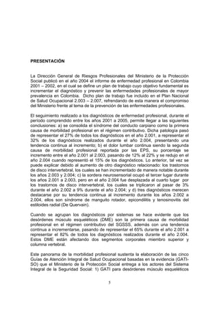 PRESENTACIÓN


La Dirección General de Riesgos Profesionales del Ministerio de la Protección
Social publicó en el año 2004 el informe de enfermedad profesional en Colombia
2001 – 2002, en el cual se define un plan de trabajo cuyo objetivo fundamental es
incrementar el diagnóstico y prevenir las enfermedades profesionales de mayor
prevalencia en Colombia. Dicho plan de trabajo fue incluido en el Plan Nacional
de Salud Ocupacional 2.003 – 2.007, refrendando de esta manera el compromiso
del Ministerio frente al tema de la prevención de las enfermedades profesionales.

El seguimiento realizado a los diagnósticos de enfermedad profesional, durante el
período comprendido entre los años 2001 a 2005, permite llegar a las siguientes
conclusiones: a) se consolida el síndrome del conducto carpiano como la primera
causa de morbilidad profesional en el régimen contributivo. Dicha patología pasó
de representar el 27% de todos los diagnósticos en el año 2.001, a representar el
32% de los diagnósticos realizados durante el año 2.004, presentando una
tendencia continua al incremento; b) el dolor lumbar continua siendo la segunda
causa de morbilidad profesional reportada por las EPS, su porcentaje se
incremento entre el año 2.001 al 2.003, pasando de 12% al 22% y se redujo en el
año 2.004 cuando representó el 15% de los diagnósticos. Lo anterior, tal vez se
puede explicar debido al aumento de otro diagnóstico relacionado: los trastornos
de disco intervertebral, los cuales se han incrementado de manera notable durante
los años 2.003 y 2.004; c) la sordera neurosensorial ocupó el tercer lugar durante
los años 2.001 a 2.003, pero en el año 2.004 fue desplazada al cuarto lugar por
los trastornos de disco intervertebral, los cuales se triplicaron al pasar de 3%
durante el año 2.002 a 9% durante el año 2.004; y d) tres diagnósticos merecen
destacarse por su tendencia continua al incremento durante los años 2.002 a
2.004, ellos son síndrome de manguito rotador, epicondilitis y tenosinovitis del
estiloides radial (De Quervain).

Cuando se agrupan los diagnósticos por sistemas se hace evidente que los
desórdenes músculo esqueléticos (DME) son la primera causa de morbilidad
profesional en el régimen contributivo del SGSSS, además con una tendencia
continua a incrementarse, pasando de representar el 65% durante el año 2.001 a
representar el 82% de todos los diagnósticos realizados durante el año 2.004.
Estos DME están afectando dos segmentos corporales miembro superior y
columna vertebral.

Este panorama de la morbilidad profesional sustenta la elaboración de las cinco
Guías de Atención Integral de Salud Ocupacional basadas en la evidencia (GATI-
SO) que el Ministerio de la Protección Social entrega a los actores del Sistema
Integral de la Seguridad Social: 1) GATI para desórdenes músculo esqueléticos


                                        5
 