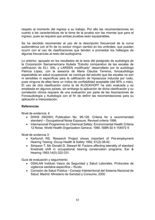 respeto al momento del ingreso a su trabajo. Por ello las recomendaciones en
cuanto a las características de la toma de la prueba son las mismas que para el
ingreso, pues se requiere que ambas pruebas sean equiparables.

Se ha decidido recomendar el uso de la descripción frecuencial de la curva
audiométrica con el fin de no excluir ningún cambio en los umbrales, que pueden
ocurrir con el uso de clasificaciones que tienden a promediar los hallazgos de
algunas frecuencias al resto del audiograma.

Lo anterior, apoyado en los resultados de la tesis del postgrado de audiología de
la Corporación Iberoamericana titulada “Estudio comparativo de las escalas de
calificación de ELI, SAL y LARSEN modificado” desarrollado por la audióloga
Patricia López, con la asesoría de Maria Claudia Terreros, fonoaudióloga
especialista en salud ocupacional: se concluye del estudio que las escalas no son
ni sensibles ni específicas para la calificación de hipoacusia inducida por ruido,
pues ninguna de ellas tiene un índice de confiabilidad aceptable (del 90% o más).
El uso de otra clasificación como la de KLOCKHOFF ha sido evaluada y es
empleada en algunos países, sin embargo la aplicación de dicha clasificación y su
correlación clínica requiere de una evaluación por parte de las Asociaciones de
Fonoaudiología y Audiología con el fin de definir las recomendaciones para su
aplicación e interpretación.

Referencias

Nivel de evidencia: 4
   • DHHS (NIOSH) Publication No. 98-126. Criteria for a recommended
       standard – Occupational Noise Exposure. Revised criteria 1998.
   • Internacional Programme on Chemical Safety: Environmental Health Criteria
       12 Noise. World Health Organization Geneva, 1980. ISBN 92 4 154072 9

Nivel de evidencia 3:
   • Karlovich RS. Research Project shows important of Pre-employment
       Hearing Testing. Occup Health & Safety 1992; 61(2):38-42.
   • Simpson T, Mc Donald D, Stewart M. Factors affecting laterality of standard
       threshold shift in occupational hearing conservation programs. Ear &
       Hearing 1993;14(5):322-331.

Guía de evaluación y seguimiento:
   • OSALAN Instituto Vasco de Seguridad y Salud Laborales. Protocolos de
      vigilancia sanitária específica – Ruído.
   • Comisión de Salud Pública - Consejo Interterritorial del Sistema Nacional de
      Salud. Madrid: Ministerio de Sanidad y Consumo, 2000




                                       83
 