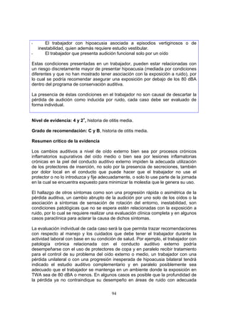 -      El trabajador con hipoacusia asociada a episodios vertiginosos o de
    inestabilidad, quien además requiere estudio vestibular.
-      El trabajador que presenta audición funcional solo por un oído

Estas condiciones presentadas en un trabajador, pueden estar relacionadas con
un riesgo discretamente mayor de presentar hipoacusia (mediada por condiciones
diferentes y que no han mostrado tener asociación con la exposición a ruido), por
lo cual se podría recomendar asegurar una exposición por debajo de los 80 dBA
dentro del programa de conservación auditiva.

La presencia de éstas condiciones en el trabajador no son causal de descartar la
pérdida de audición como inducida por ruido, cada caso debe ser evaluado de
forma individual.


Nivel de evidencia: 4 y 2+, historia de otitis media.

Grado de recomendación: C y B, historia de otitis media.

Resumen crítico de la evidencia

Los cambios auditivos a nivel de oído externo bien sea por procesos crónicos
inflamatorios supurativos del oído medio o bien sea por lesiones inflamatorias
crónicas en la piel del conducto auditivo externo impiden la adecuada utilización
de los protectores de inserción, no solo por la presencia de secreciones, también
por dolor local en el conducto que puede hacer que el trabajador no use el
protector o no lo introduzca y fije adecuadamente, o solo lo use parte de la jornada
en la cual se encuentra expuesto para minimizar la molestia que le genera su uso.

El hallazgo de otros síntomas como son una progresión rápida o asimétrica de la
pérdida auditiva, un cambio abrupto de la audición por uno solo de los oídos o la
asociación a síntomas de sensación de rotación del entorno, inestabilidad, son
condiciones patológicas que no se espera estén relacionadas con la exposición a
ruido, por lo cual se requiere realizar una evaluación clínica completa y en algunos
casos paraclínica para aclarar la causa de dichos síntomas.

La evaluación individual de cada caso será la que permita trazar recomendaciones
con respecto al manejo y los cuidados que debe tener el trabajador durante la
actividad laboral con base en su condición de salud. Por ejemplo, el trabajador con
patología crónica relacionada con el conducto auditivo externo podría
desempeñarse con el uso de protectores de copa y en paralelo recibir tratamiento
para el control de su problema del oído externo o medio, un trabajador con una
pérdida unilateral o con una progresión inesperada de hipoacusia bilateral tendrá
indicado el estudio auditivo complementario y en paralelo posiblemente sea
adecuado que el trabajador se mantenga en un ambiente donde la exposición en
TWA sea de 80 dBA o menos. En algunos casos es posible que la profundidad de
la pérdida ya no contraindique su desempeño en áreas de ruido con adecuada


                                         94
 