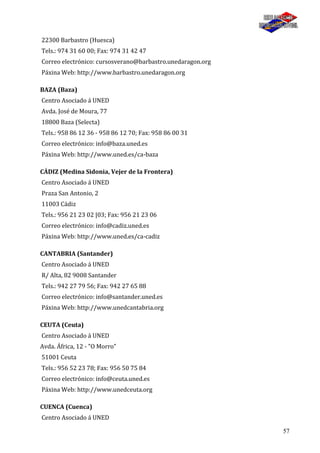 57
22300 Barbastro (Huesca)
Tels.: 974 31 60 00; Fax: 974 31 42 47
Correo electrónico: cursosverano@barbastro.unedaragon.org
Páxina Web: http://www.barbastro.unedaragon.org
BAZA (Baza)
Centro Asociado á UNED
Avda. José de Moura, 77
18800 Baza (Selecta)
Tels.: 958 86 12 36 - 958 86 12 70; Fax: 958 86 00 31
Correo electrónico: info@baza.uned.es
Páxina Web: http://www.uned.es/ca-baza
CÁDIZ (Medina Sidonia, Vejer de la Frontera)
Centro Asociado á UNED
Praza San Antonio, 2
11003 Cádiz
Tels.: 956 21 23 02 |03; Fax: 956 21 23 06
Correo electrónico: info@cadiz.uned.es
Páxina Web: http://www.uned.es/ca-cadiz
CANTABRIA (Santander)
Centro Asociado á UNED
R/ Alta, 82 9008 Santander
Tels.: 942 27 79 56; Fax: 942 27 65 88
Correo electrónico: info@santander.uned.es
Páxina Web: http://www.unedcantabria.org
CEUTA (Ceuta)
Centro Asociado á UNED
Avda. África, 12 - "O Morro"
51001 Ceuta
Tels.: 956 52 23 78; Fax: 956 50 75 84
Correo electrónico: info@ceuta.uned.es
Páxina Web: http://www.unedceuta.org
CUENCA (Cuenca)
Centro Asociado á UNED
 