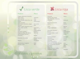 Lista rojaLista verde
Guía de transgénicos y consumo responsable
Chocolates y golosinas
Producto
Caramelos
Gomitas Loop, Orugas,
Flipy, Ambrosito, Amberries,
Chocolates.
Bon o bon, Caramelos
Astoria
Chicle
Calugas, Masticables
Chocolates, Chocman
Brownie
Privilegio, Cipper, Sapito.
Pastilles
Frutas de mazapan
Chocolates
Chicle de globo
Chocolates
Donitas, Nutriqueque,
Panquesito, Quequitos, Brownie.
Rollo, Manqueque, Gansitos.
Chocolates.
Chocolates
Bechos, Brownies, Muffin,
Galletones, Alfajores.
Marca
Adams
Ambrosoli
Arcor
Astoria
BigTime
Calaf
Costa
Cristian Bustos
Dos en uno
Droste
Entrelagos
Garoto
Grosso
Gubor
Ideal
Marinela
Milka
Nestlé
Nutrabien
Producto
Frugelé, Masticandy, Caramelos,
Toffe, Florida.
Toffe, Gomitas.
Goyak, Ricolate, Malva Choc, 2x2.
Calugas
Chicle, Chupetes.
Masticables, Caramelos, calugas.
Queques
Alfajor, Laguito, Quequito Lonney
Tunes, Volki, Cuchufli.
Alfajor.
Lindt
Chocolate confitado.
Pinguinos, Alfajor, Alfi, Rayitas.
Marshmallows, Gomitas
Caramelos.
Chocolates artesanales
Negritos
Marshmelows, Guaguitas
Gomitas, trufas.
Marca
Ambrosoli
Arcor
Calaf
De Mi Campo
Dos en Uno
Ideal
Lagos del Sur
Líder
Lindt & Sprúngli
M & M’s
Marinela
Merello
Monjes Trapenses
Quilvo
Providencia
RoRo
Yak’s
 