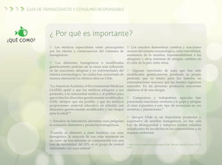 Guía de transgénicos y consumo responsable
¿ Por qué es importante?
w Los médicos especialistas están preocupados
por los efectos y consecuencias del consumo de
transgénicos.
w Los alimentos transgénicos o modificados
genéticamente podrían ser la causa más influyente
en las reacciones alérgicas y en enfermedades del
sistema inmunológico, las cuales han aumentado de
manera alarmante los últimos años en Chile.
“La American Academy of Environmental Medicine
(AAEM) apeló a que los médicos eduquen a sus
pacientes, a la comunidad médica y al público para
que eviten los alimentos genéticamente modificados.
(GM), siempre que sea posible, y que los médicos
proporcionen material educativo en relación con
alimentos genéticamente modificados y sus riesgos
para la salud”*
w Estudios de laboratorio advierten cuan peligroso
es consumir alimentos y productos transgénicos;
“Cuando se alimentó a ratas hembras con soya
transgénica, la mayoría de sus crías murieron en
un lapso de tres semanas en comparación con una
tasa de mortalidad del 10% en el grupo de control
alimentado con soya natural”.*
w Los estudios demuestran cambios y reacciones
severas del sistema inmunológico, como infertilidad,
resistencia de la insulina, hipersensibilidad a los
alergenos y otras síntomas de alergias, cambios en
el color de la piel, entre otras.
w Algunas variedades de maíz que han sido
modificadas genéticamente producen su propio
pesticida que es tóxico para los insectos en
concentraciones mayores que las fuentes orgánicas
naturales. En las personas produciría reacciones
similares al de una alergia.
w Campesinos y trabajadores agrícolas han
presentado reacciones similares a la gripe y alergias
al estar expuestos a este tipo de sustancias en sus
siembras y plantaciones.*
w Aunque Chile es un importante productor y
exportador de semillas transgénicas, no hay una
Ley de Bioseguridad y tampoco existen estudios
actualizados de los efectos en los consumidores y su
impacto ambiental.
* http://www.aaemonline.org/gmopost.html. Revista Mundo Nuevo No73,
2010.
 