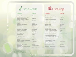 Lista rojaLista verde
Guía de transgénicos y consumo responsable
Producto
Atún y sardina
Jurel al natura, Atún en agua
Sardinas, Surtido caldillo.
Choritos y cholgas al natural,
picadillo de mariscos.
Jurel al Natural, lomitos de Atún
en agua.
Lomitos de Atún en agua
Atún en agua
Atún en agua
Lomitos de atún en agua
Sardinas en escabeche
Atún en agua
Salmón, pejerrey
Jurel al natural
Jurel, atún en agua
Cholgas y choritos, surtido para
caldillo.
Choritos y Cholgas, surtido para
caldillos al natural.
Lomitos de Atún en agua
Jurel en salsa
Lomitos de atún en agua y aceite
de oliva, paté de mariscos.
Marca
Albo
Angelmó
Angelmó
Aruba
Bumble Bee
De maría
Eagle
El Colorado
Escuris
Esmeralda
Latitud Sur
Lenga
Líder
Noly
Latitud Sur
Otuna
Pácifico del Norte
Robinson Crusoe
Producto
Atún en aceite, Choritos y
Cholgas en aceite.
Lomitos de Atún en aceite.
Lomitos de Atún en aceite.
Atún en aceite.
Atún en aceite.
Sardinas en aceite.
Atún en aceite.
Atún en aceite. Choritos y
Cholgas. Surtido para caldillo.
Lomitos de Atún en aceite.
Lomitos de Atún en aceite.
Filetes de pescado. Atún en
aceite. Surtido caldillo. Choritos y
Cholgas.
Filetes de Atún en aceite.
Sardinas en aceite.
Crema de esparrago, pollo,
tomate, champiñones.
Pimientos, Champiñones.
Marca
Angelmó
Aruba
Bumble Bee
De María
Eagle
Escuris
Esmeralda
Líder
Otuna
Robinson Crusoe
San José
Van Camps
Campbell
Mickelsen
Conservas
 