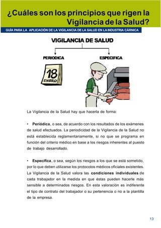¿Cuáles son los principios que rigen la
                Vigilancia de la Salud?
GUÍA PARA LA APLICACIÓN DE LA VIGILANCIA DE LA SALUD EN LA INDUSTRIA CÁRNICA




            La Vigilancia de la Salud hay que hacerla de forma:


            •   Periódica, o sea, de acuerdo con los resultados de los exámenes
            de salud efectuados. La periodicidad de la Vigilancia de la Salud no
            está establecida reglamentariamente, si no que se programa en
            función del criterio médico en base a los riesgos inherentes al puesto
            de trabajo desarrollado.


            •   Específica, o sea, según los riesgos a los que se está sometido,
            por lo que deben utilizarse los protocolos médicos oficiales existentes.
            La Vigilancia de la Salud valora las condiciones individuales de
            cada trabajador en la medida en que éstas pueden hacerle más
            sensible a determinados riesgos. En esta valoración es indiferente
            el tipo de contrato del trabajador o su pertenencia o no a la plantilla
            de la empresa.




                                                                                       13
 