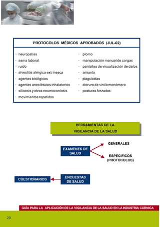 PROTOCOLOS MÉDICOS APROBADOS (JUL-02)


     · neuropatías                           · plomo
     · asma laboral                          · manipulación manual de cargas
     · ruido                                 · pantallas de visualización de datos
     · alveolitis alérgica extrínseca        · amianto
     · agentes biológicos                    · plaguicidas
     · agentes anestésicos inhalatorios      · cloruro de vinilo monómero
     · silicosis y otras neumoconiosis       · posturas forzadas
     · movimientos repetidos




                                            HERRAMIENTAS DE LA
                                             HERRAMIENTAS DE LA
                                           VIGILANCIA DE LA SALUD
                                            VIGILANCIA DE LA SALUD


                                                               GENERALES
                                    EXAMENES DE
                                       SALUD
                                                                ESPECIFICOS
                                                               (PROTOCOLOS)



                                        ENCUESTAS
      CUESTIONARIOS
                                         DE SALUD




         GUÍA PARA LA APLICACIÓN DE LA VIGILANCIA DE LA SALUD EN LA INDUSTRIA CÁRNICA


20
 