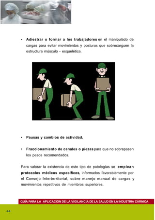 •   Adiestrar o formar a los trabajadores en el manipulado de
         cargas para evitar movimientos y posturas que sobrecarguen la
         estructura músculo - esquelética.




     •   Pausas y cambios de actividad.


     •   Fraccionamiento de canales o piezas para que no sobrepasen
         los pesos recomendados.


     Para valorar la existencia de este tipo de patologías se emplean
     protocolos médicos específicos, informados favorablemente por
     el Consejo Interterritorial, sobre manejo manual de cargas y
     movimientos repetitivos de miembros superiores.



     GUÍA PARA LA APLICACIÓN DE LA VIGILANCIA DE LA SALUD EN LA INDUSTRIA CÁRNICA


44
 