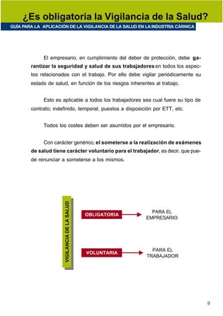 ¿Es obligatoria la Vigilancia de la Salud?
GUÍA PARA LA APLICACIÓN DE LA VIGILANCIA DE LA SALUD EN LA INDUSTRIA CÁRNICA




             El empresario, en cumplimiento del deber de protección, debe ga-
        rantizar la seguridad y salud de sus trabajadores en todos los aspec-
        tos relacionados con el trabajo. Por ello debe vigilar periódicamente su
        estado de salud, en función de los riesgos inherentes al trabajo.


             Esto es aplicable a todos los trabajadores sea cual fuere su tipo de
        contrato; indefinido, temporal, puestos a disposición por ETT, etc.


             Todos los costes deben ser asumidos por el empresario.


             Con carácter genérico, el someterse a la realización de exámenes
        de salud tiene carácter voluntario para el trabajador, es decir, que pue-
        de renunciar a someterse a los mismos.
                        VIGILANCIA DE LA SALUD
                       VIGILANCIA DE LA SALUD




                                                                 PARA EL
                                                 OBLIGATORIA
                                                               EMPRESARIO




                                                                 PARA EL
                                                 VOLUNTARIA
                                                               TRABAJADOR




                                                                                    9
 