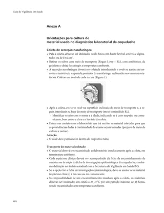 Guia de Vigilância em Saúde 
102 
Anexo A 
Orientações para cultura de 
material usado no diagnóstico laboratorial da coqueluche 
Coleta de secreção nasofaríngea 
• Para a coleta, deverão ser utilizados swabs finos com haste flexível, estéreis e algina-tados 
ou de Dracon®. 
• Retirar os tubos com meio de transporte (Regan-Lowe – RL), com antibiótico, da 
geladeira e deixá-los atingir a temperatura ambiente. 
• A secreção nasofaríngea deverá ser coletada introduzindo o swab na narina até en-contrar 
resistência na parede posterior da nasofaringe, realizando movimentos rota-tórios. 
Coletar um swab de cada narina (Figura 1). 
• Após a coleta, estriar o swab na superfície inclinada do meio de transporte e, a se-guir, 
introduzir na base do meio de transporte (meio semissólido RL). 
- Identificar o tubo com o nome e a idade, indicando se é caso suspeito ou comu-nicante, 
bem como a data e o horário da coleta. 
• Entrar em contato com o laboratório que irá receber o material coletado, para que 
as providências dadas à continuidade do exame sejam tomadas (preparo de meio de 
cultura e outras). 
Atenção 
• O swab deve permanecer dentro do respectivo tubo. 
Transporte do material coletado 
• O material deverá ser encaminhado ao laboratório imediatamente após a coleta, em 
temperatura ambiente. 
• Cada espécime clínico deverá ser acompanhado da ficha de encaminhamento de 
amostra ou de cópia da ficha de investigação epidemiológica da coqueluche, confor-me 
definição no âmbito estadual com a Secretaria de Vigilância em Saúde/MS. 
• Se a opção for a ficha de investigação epidemiológica, deve-se anotar se o material 
(espécime clínico) é do caso ou do comunicante. 
• Na impossibilidade de um encaminhamento imediato após a coleta, os materiais 
deverão ser incubados em estufa a 35-37°C por um período máximo de 48 horas, 
sendo encaminhados em temperatura ambiente. 
 