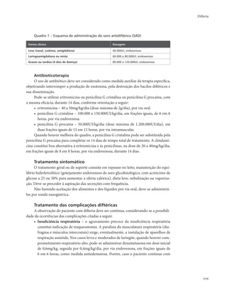 Difteria 
111 
Quadro 1 – Esquema de administração do soro antidiftérico (SAD) 
Forma clínica Dosagem 
Leve (nasal, cutânea, amigdaliana) 40.000UI, endovenoso 
Laringoamigdaliana ou mista 60.000 a 80.000UI, endovenoso 
Graves ou tardias (4 dias de doença) 80.000 a 120.000UI, endovenoso 
Antibioticoterapia 
O uso de antibiótico deve ser considerado como medida auxiliar da terapia específica, 
objetivando interromper a produção de exotoxina, pela destruição dos bacilos diftéricos e 
sua disseminação. 
Pode-se utilizar eritromicina ou penicilina G cristalina ou penicilina G procaína, com 
a mesma eficácia, durante 14 dias, conforme orientação a seguir: 
• eritromicina – 40 a 50mg/kg/dia (dose máxima de 2g/dia), por via oral. 
• penicilina G cristalina – 100.000 a 150.000UI/kg/dia, em frações iguais, de 6 em 6 
horas, por via endovenosa. 
• penicilina G procaína – 50.000UI/kg/dia (dose máxima de 1.200.000UI/dia), em 
duas frações iguais de 12 em 12 horas, por via intramuscular. 
Quando houver melhora do quadro, a penicilina G cristalina pode ser substituída pela 
penicilina G procaína para completar os 14 dias de tempo total de tratamento. A clindami-cina 
constitui boa alternativa à eritromicina e às penicilinas, na dose de 20 a 40mg/kg/dia, 
em frações iguais de 8 em 8 horas, por via endovenosa, durante 14 dias. 
Tratamento sintomático 
O tratamento geral ou de suporte consiste em repouso no leito, manutenção do equi-líbrio 
hidreletrolítico (gotejamento endovenoso de soro glicofisiológico, com acréscimo de 
glicose a 25 ou 50% para aumentar a oferta calórica), dieta leve, nebulização ou vaporiza-ção. 
Deve-se proceder à aspiração das secreções com frequência. 
Não havendo aceitação dos alimentos e dos líquidos por via oral, deve-se administrá-los 
por sonda nasogástrica. 
Tratamento das complicações diftéricas 
A observação do paciente com difteria deve ser contínua, considerando-se a possibili-dade 
da ocorrências das complicações citadas a seguir. 
• Insuficiência respiratória – o agravamento precoce da insuficiência respiratória 
constitui indicação de traqueostomia. A paralisia da musculatura respiratória (dia-fragma 
e músculos intercostais) exige, eventualmente, a instalação de aparelhos de 
respiração assistida. Nos casos leves e moderados de laringite, quando houver com-prometimento 
respiratório alto, pode-se administrar dexametasona em dose inicial 
de 0,6mg/kg, seguida por 0,4mg/kg/dia, por via endovenosa, em frações iguais de 
6 em 6 horas, como medida antiedematosa. Porém, caso o paciente continue com 
 