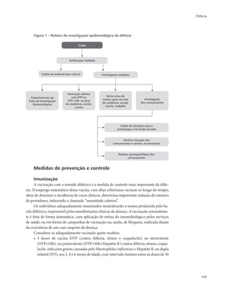 Difteria 
117 
Figura 1 – Roteiro de investigação epidemiológica da difteria 
Investigação imediata 
Investigação 
dos comunicantes 
Coleta de secreção naso e 
orofaríngea e de lesões de pele 
Verificar situação dos 
comunicantes e vacinar, se necessário 
Realizar quimioprofilaxia dos 
comunicantes 
Busca ativa de 
outros casos na área 
de residência, escola, 
creche, trabalho 
Caso 
Coleta de material para cultura 
Vacinação seletiva 
com DTP ou 
DTP+HiB, na área 
de residência, escola, 
creche 
Preenchimento da 
Ficha de Investigação 
Epidemiológica 
Notificação imediata 
Medidas de prevenção e controle 
Imunização 
A vacinação com o toxoide diftérico é a medida de controle mais importante da difte-ria. 
O emprego sistemático dessa vacina, com altas coberturas vacinais ao longo do tempo, 
além de diminuir a incidência de casos clínicos, determina importante redução do número 
de portadores, induzindo a chamada “imunidade coletiva”. 
Os indivíduos adequadamente imunizados neutralizarão a toxina produzida pelo ba-cilo 
diftérico, responsável pelas manifestações clínicas da doença. A vacinação normalmen-te 
é feita de forma sistemática, com aplicação de rotina do imunobiológico pelos serviços 
de saúde, ou em forma de campanhas de vacinação ou, ainda, de bloqueio, realizada diante 
da ocorrência de um caso suspeito da doença. 
Considera-se adequadamente vacinado quem recebeu: 
• 3 doses de vacina DTP (contra difteria, tétano e coqueluche) ou tetravalente 
(DTP+Hib), ou pentavalente (DTP+Hib+Hepatite B ) contra difteria, tétano, coque-luche, 
infecções graves causadas pelo Haemophilus influenzae e Hepatite B, ou dupla 
infantil (DT), aos 2, 4 e 6 meses de idade, com intervalo mínimo entre as doses de 30 
 