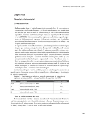 Poliomielite / Paralisia Flácida Aguda 
125 
Diagnóstico 
Diagnóstico laboratorial 
Exames específicos 
• Isolamento do vírus – é realizado a partir de amostra de fezes do caso ou de seus 
contatos, para confirmação diagnóstica. A identificação do agente viral isolado pode 
ser realizada por meio de testes de soroneutralização com o uso de soros imunes 
específicos, preconiza-se a técnica de reação em cadeia da polimerase de transcrição 
reversa (RT-PCR). Essa técnica amplifica sequências nucleotídicas específicas pre-sentes 
no RNA que compõe o genoma viral, permite reconhecer se o vírus isolado 
pertence ao gênero Enterovirus, e identifica o sorotipo do poliovírus isolado e sua 
origem, se vacinal ou selvagem. 
O sequenciamento nucleotídico identifica o genoma do poliovírus isolado na região 
do gene que codifica a principal proteína da superfície viral (VP1), onde a maior 
parte das análises moleculares é realizada. A sequência nucleotídica obtida é com-parada 
com a sequência do vírus vacinal Sabin padrão do sorotipo correspondente 
e são avaliadas as mutações ocorridas nesta região. Todos os poliovírus circulantes 
podem acumular mutações e adquirem diferentes classificações (Quadro 1). Caso 
a sequência não tenha relação com a cepa vacinal, o vírus é classificado como po-liovírus 
selvagem. Os poliovírus derivados readquirem as características biológicas 
dos poliovírus selvagens, tais como neurovirulência e capacidade de circulação por 
tempo prolongado na comunidade. Realizam-se as mesmas ações de vigilância epi-demiológica 
frente a esses vírus e aos vírus selvagens. 
Os poliovírus, selvagem e vacinal, também podem ser isolados a partir de amostras de 
água de esgoto. As mesmas técnicas já descritas podem ser utilizadas para a identificação 
do enterovírus detectado. 
Quadro 1 − Classificação do poliovírus, segundo o percentual de mutações na 
região do gene que codifica a principal proteína da superfície viral (VP1) 
Sorotipo Classificação Percentual de mutações 
1 e 3 Poliovírus relacionado à vacina (PVRV) <1 
2 Poliovírus relacionado à vacina (PVRV) <0,6 
1 e 3 Poliovírus derivado vacinal (PVDV) ≥1 
2 Poliovírus derivado vacinal (PVDV) ≥0,6 
Coleta de amostras de fezes dos casos 
A amostra de fezes constitui o material mais adequado para o isolamento do polioví-rus. 
Embora os pacientes com poliomielite eliminem poliovírus durante semanas, os me-lhores 
resultados de isolamento são alcançados com amostras fecais coletadas na fase aguda 
da doença, ou seja, até o 14º dia do início da deficiência motora. 
 